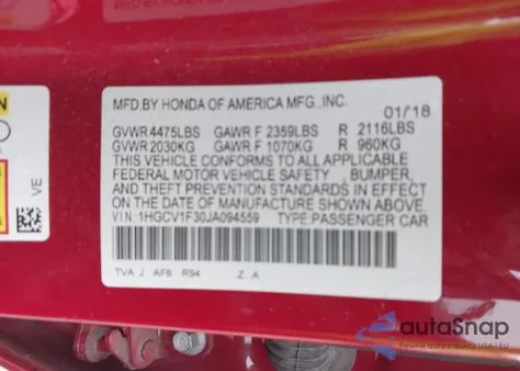 2018 Honda Accord Sport z USA, uszkodzony, nr VIN 1HGCV1F30JA094559